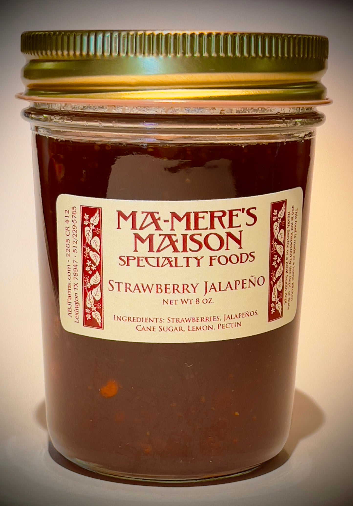 Strawberry Jalapeno Jam - net weight 8.0 ounces.